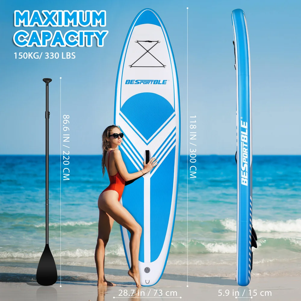

BESPORTBLE Inflatable Paddle Board Surfboard Non-slip Deck 120x30x6" Standing Board with Paddle Pump Removable Fin Air