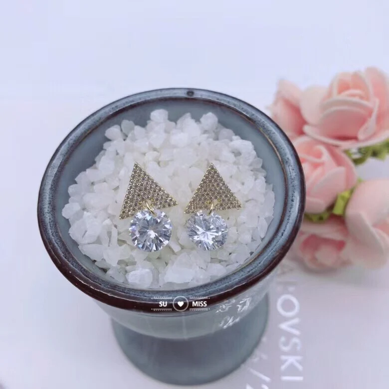 

Korean Vintage Geometric Dangle Earring For Women CZ Triangle with Round Crystal Fashion Drop Earrings brincos New Free Shipping