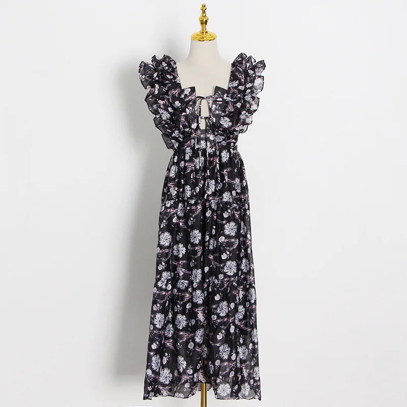 

Женское шифоновое платье с цветочным принтом, маленькое платье с квадратным кружевным рукавом и высокой талией, весна-лето 2021