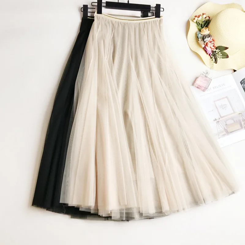 

High Waist Slim-Looking Expansion Long Skirt 2020 New autumn women Mesh A- line Dress Korean Fashion Medium-Length Skirt