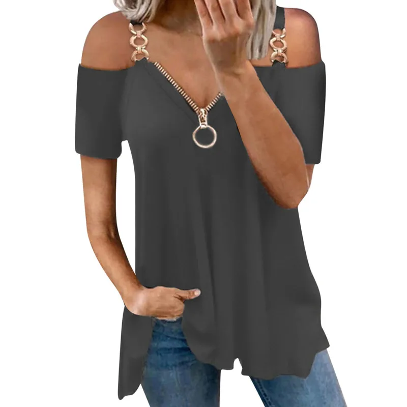 

2021 Женская облегающая футболка с v-образным вырезом на молнии с открытыми плечами и короткими рукавами, однотонная повседневная женская оде...