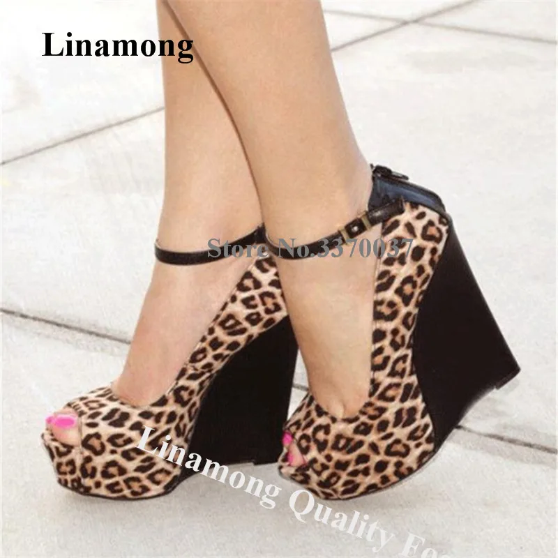 

Linamong Western Fashion Peep Toe Leopard High Platform Wedge Sandals Ankle Strap Suede Leather Wedges Height Increased Shoes