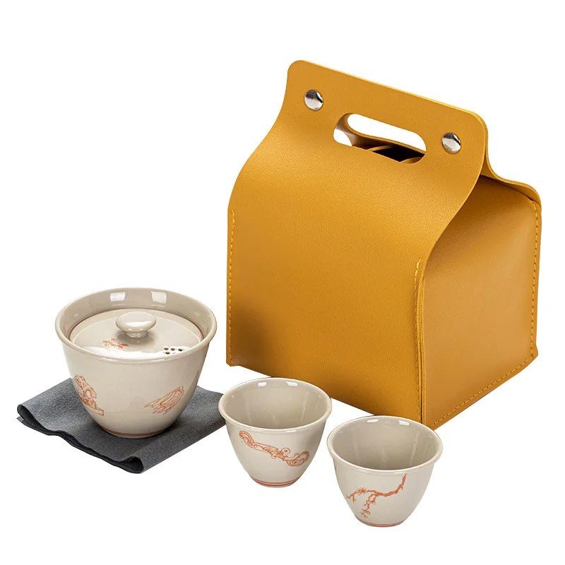 

Grass Wood Gray Glaze Travel Tea Set Japanese Alum Red Ceramic Kung Fu Tea Set Outdoor Portable One Pot Two Cups Quick Cup