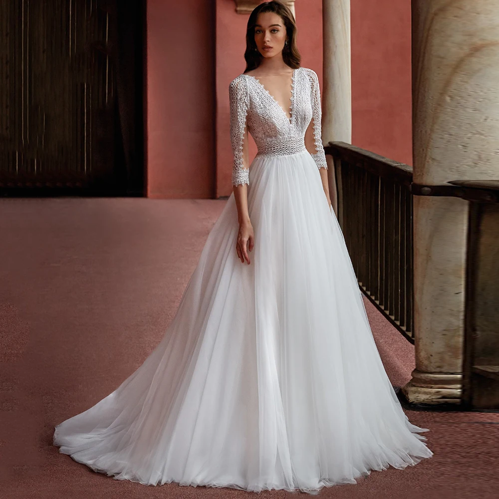 

2021 Boho A-Line Tulle Wedding Dress Sexy Sheer V-Neck Lace Three Quarter Sleeve Court Train Backless Bridal Gowns