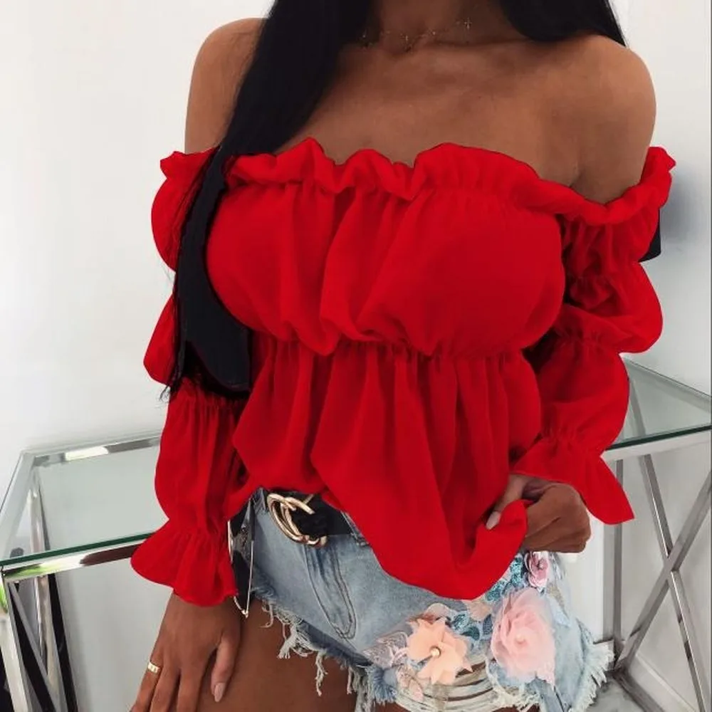 

Lugentolo Long Sleeve Shirts Women Summer New Solid Slash Neck Loose Sexy Wild Off Shoulder Top