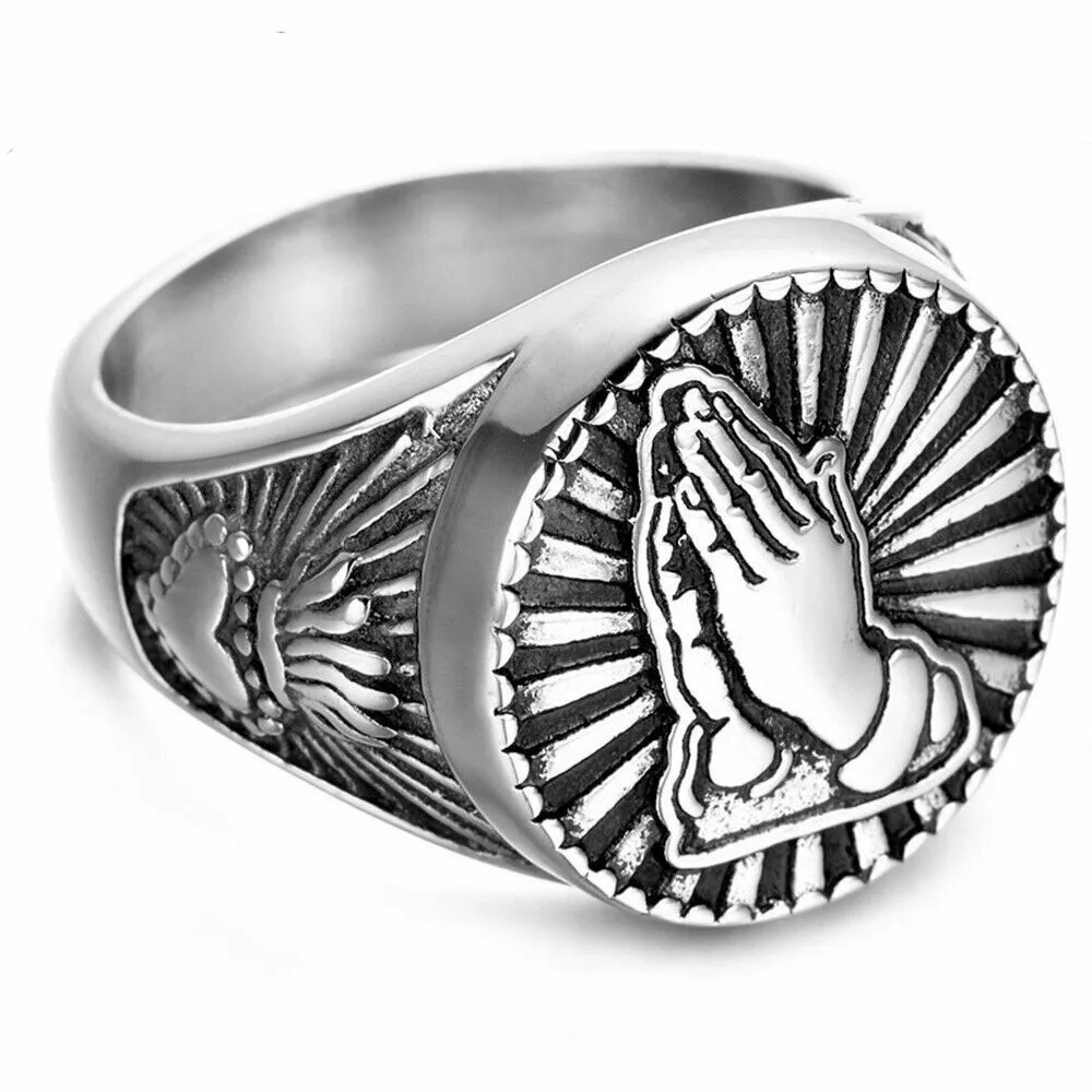 

Mens Stainless Steel Catholic Sacred Heart Protection Praying Hands Ring