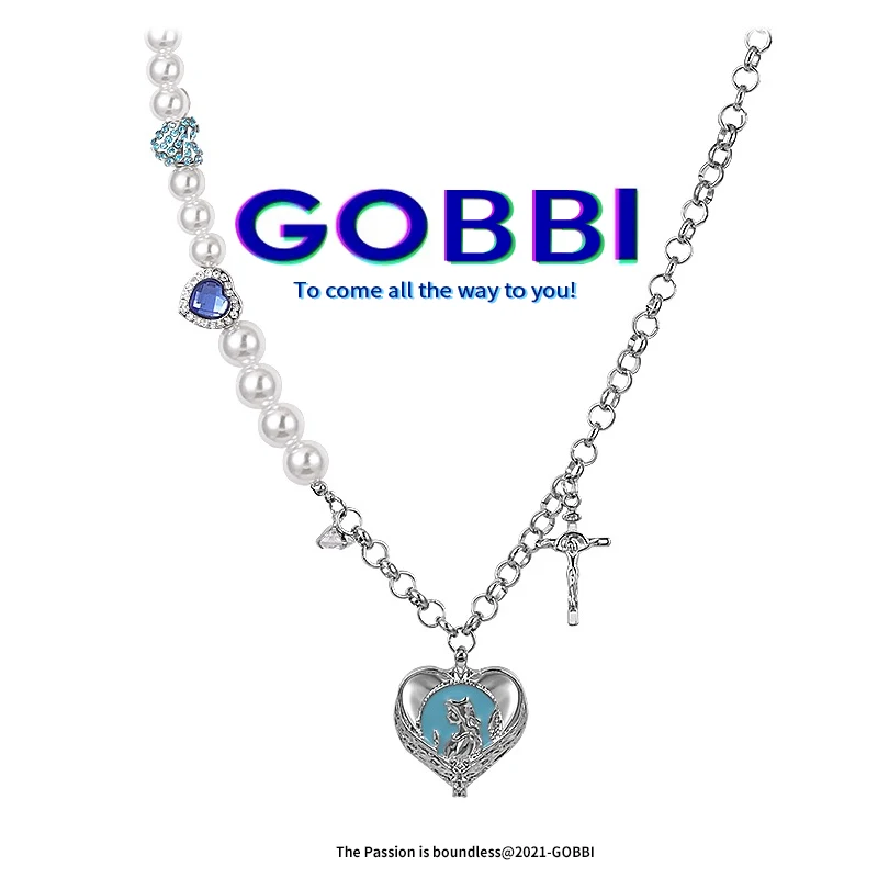 

GOBBI 2021 Fashion Retro Irregular Pearl Love Cross Necklace Lady Elegant Metal Blue Heart Pendant Necklace Party Jewelry