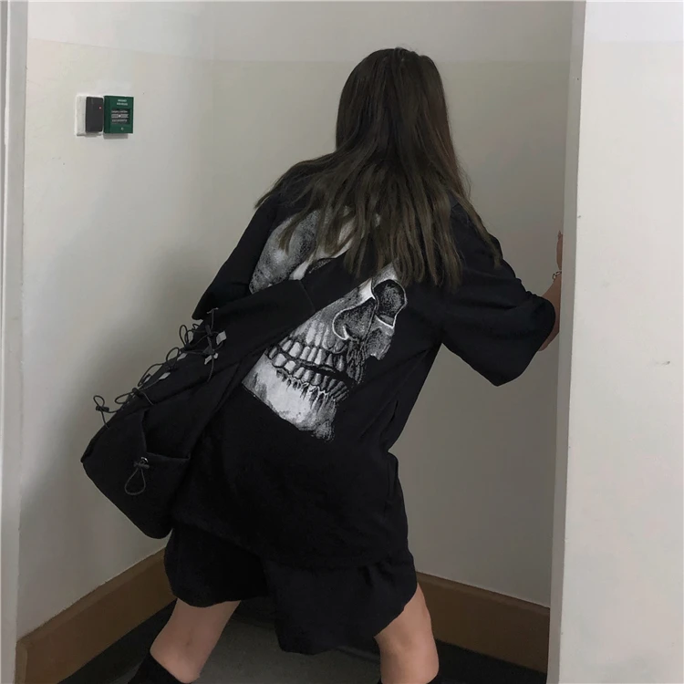 Woherb Summer 2021 Harajuku T Shirt Women Cartoon Skull Print Graphic T-shirt Loose Black Short Sleeve Tee Shirts Streetwear | Женская