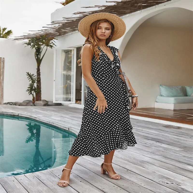 

New Wine Red High Waist Cotton Women's Loose Polka Dot Sexy Vest Simple Sleeveless V-neck Dress 2021 Summer Long Skirt