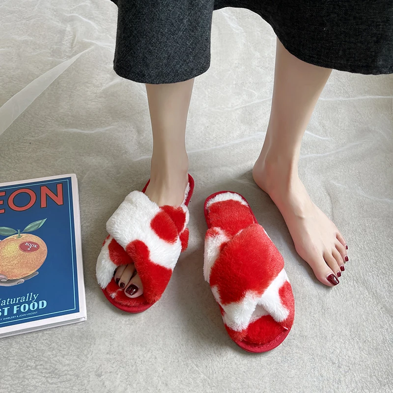 

2021 New Home Plush Slippers Cow Pattern Cross Section Casual Plush Slippers European And American Cross-Border Cotton Slippers