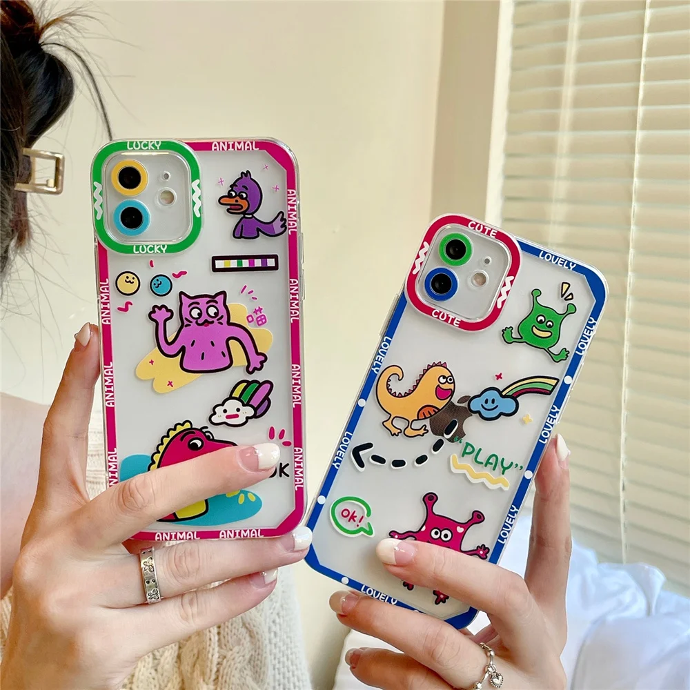 

Korean Graffiti Funny Dinosaur Camera Protection Soft Phone Case For iPhone 13 Pro Max 12 11 7 8 Plus X XS XR Cute Cover Coque