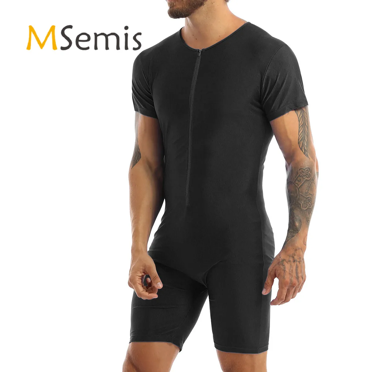 

MSemis Mens Bodysuit Leotard Wrestling Singlet Zipper Boxer Thong Body Suit Bodystocking Fashion Clubwear Costumes