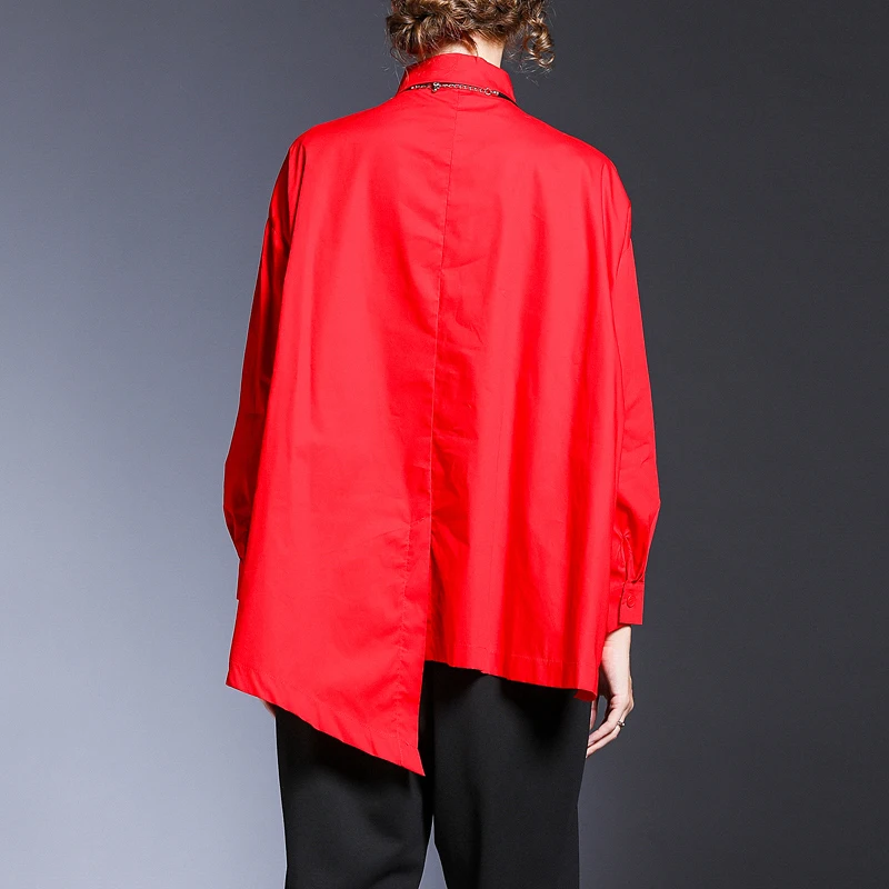 [EAM] Женская Асимметричная блузка оверсайз с карманами новая свободная рубашка