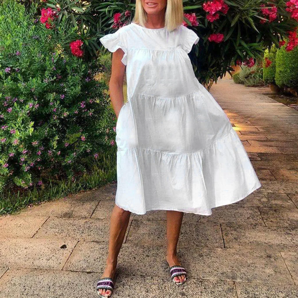 Новое летнее женское платье модное однотонное лоскутное с коротким рукавом и