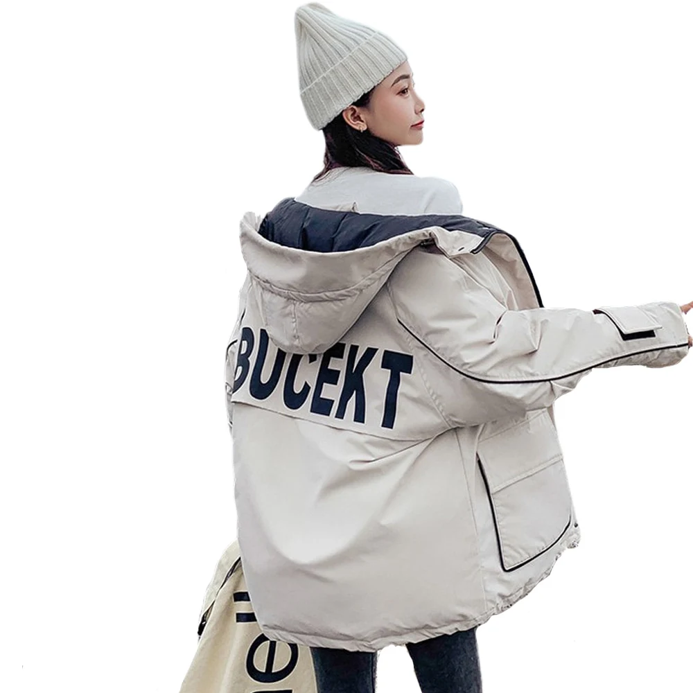 

Winter Thickening Jacket Women Medium-Long Warm Parka Korean Hooded Letter Printing Cotton Padded Coat Parka Padded Outwear