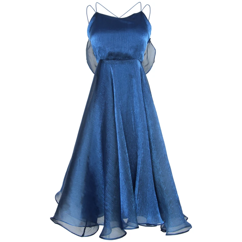 Женское платье с вырезом на спине синее вечернее миди без рукавов