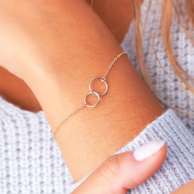 

Trendy Fashion Round Circle Chain Charm Bracelets Simple Alloy Plated Gold Silver Color Hand Accessories for Women