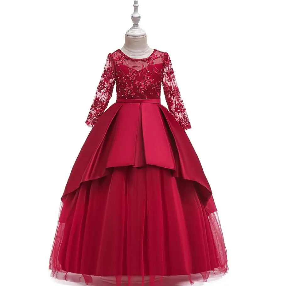2019 Teen party Girls Wedding Dress Long sleeve Lace flower Party Tulle high-end Princess Birthday Gown for 4-14 ye | Детская одежда и