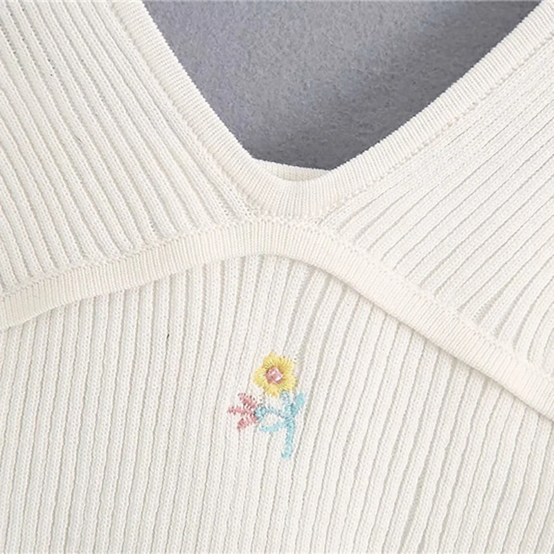 

Women Knitted Floral Embroidery White Za Short Blouse Chic Lady 2020 Fashion Sleeveless Sling Tops Femme