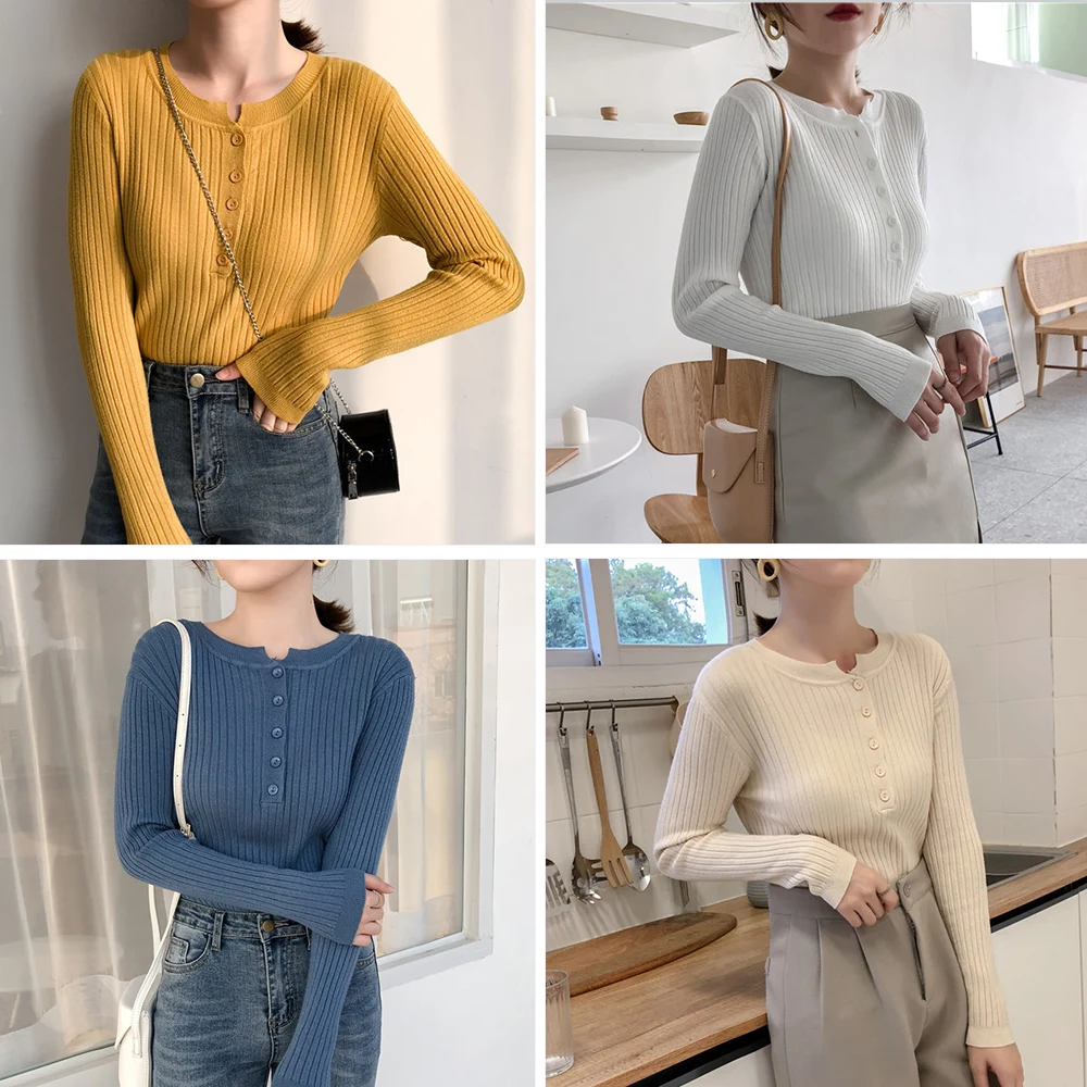 2020 autumn winter thick Sweater Pullover women long sleeve Fashion O-Neck bling Button chic knit sweater top | Женская одежда