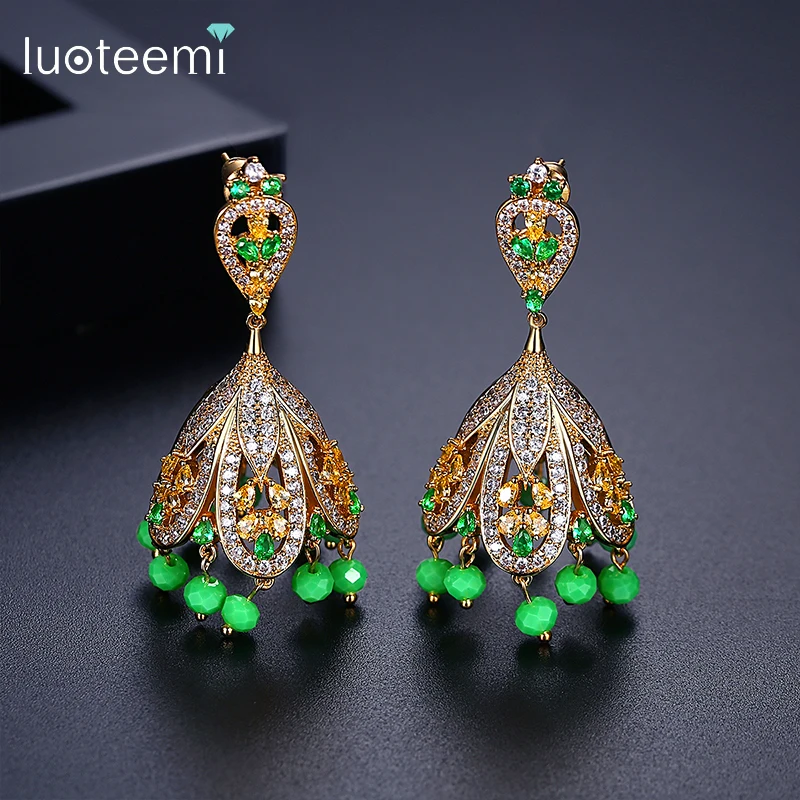 

LUOTEEMI Indian Stud Earrings for Women Green Crystal CZ Stone Big Handmade Boho Fashion Jewellery Wedding Party Christmas Gifts