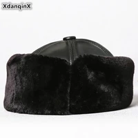 xdanqinx genuine leather cap men warm bomber hats winter thicker velvet earmuffs caps mens sheepskin leather ski cap dads hat