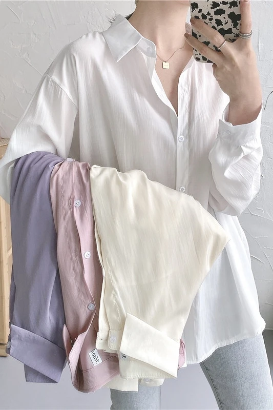 

White shirt women's Summer 2021 New long Sleeve loose Medium length Wear thin Sunscreen clothes