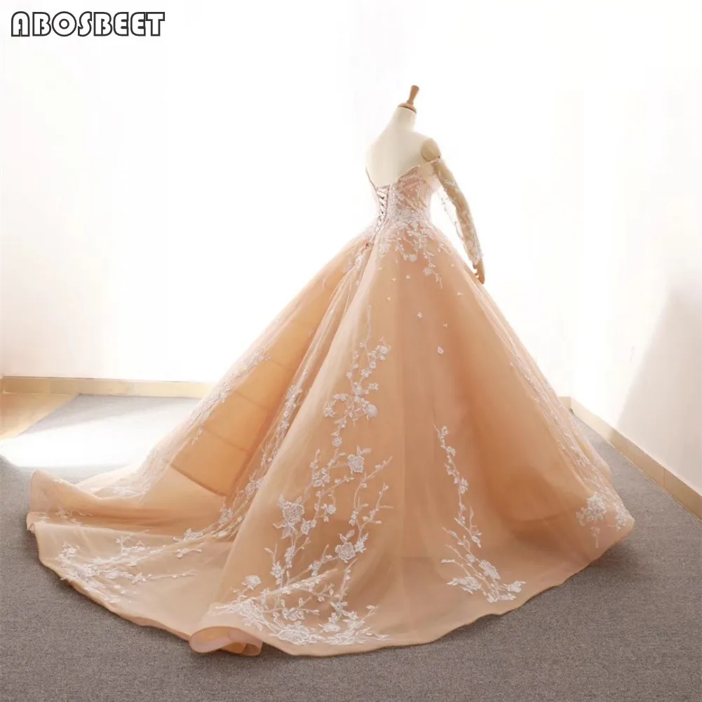 

Champagne Ball Gown Wedding Dress Off Shoulder Long Sleeve Wedding Gown for Bridal 2021 Elegant Plus Size Vestido De Noiva