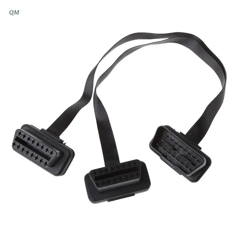 

16 Pin OBD2 Male To Double Female Splitter Flat Thin Y Connector Extension Cable 13MF