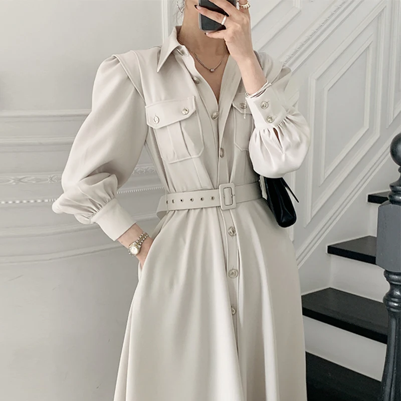 

Spring Autumn Women Trench New Fashion Female Puff Sleeve Vintage Solid Midi Shirt Dress Casual Single Breasted Waistband Coat
