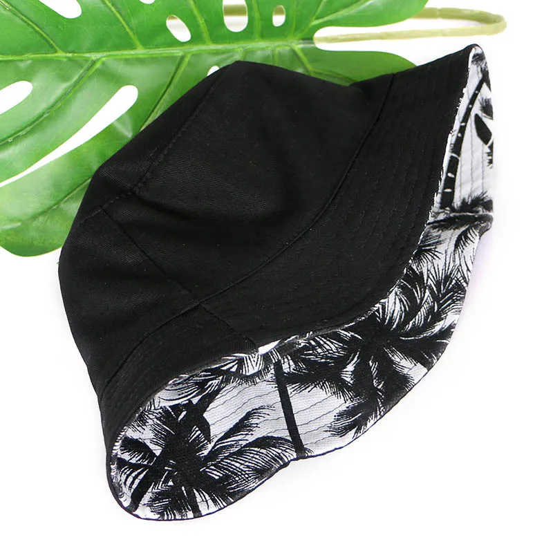 

Unisex Reversible Bucket Hat Women Men 2021 Summer Coconut Tree Print Fisherman Hat hip hop bob chapeau fishing Sun Cap black