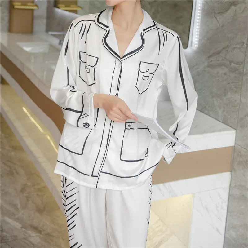 

Spring and Summer Ladies Cardigan Stick Figure Cartoon Style Home Clothes Long Sleeve Trousers Two-piece Printed Pajamas Women