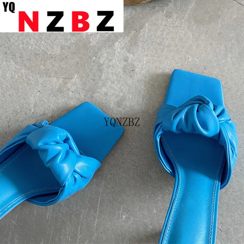 

YQNZBZ 2021 Summer Square Toe Women Slippers Fashion Thin High Heel Ladies Mules Elegant Female Outside Slides Sandal Shoes