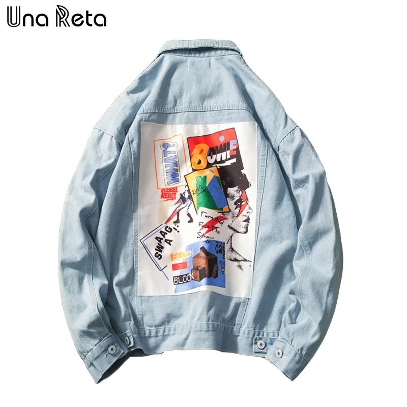 Una Reta Denim Jacket For Men Streetwear Print Jean Autumn New Plus Size Casual Long Sleeve Hip Hop Coat | Мужская одежда