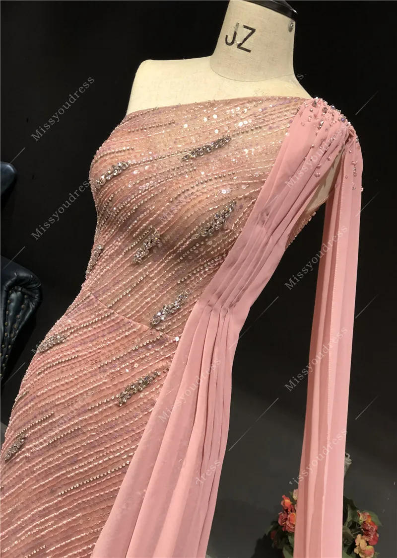 2021 Newest High Quality Luxurious Pink Heavy Beadings Mermaid One Shoulder Sleeveless Floor-Length Prom Party Evening Dresses