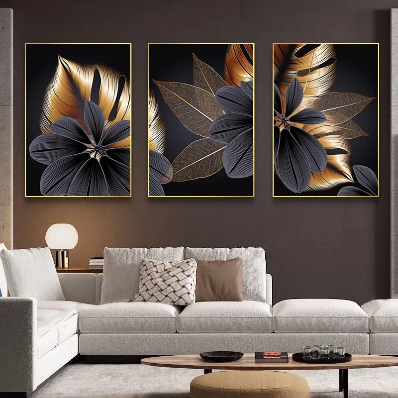 

Black Golden Plant Leaf Canvas Poster Print Modern Home Decor Abstract Wall Art Painting Nordic Living Room Decoration Picture