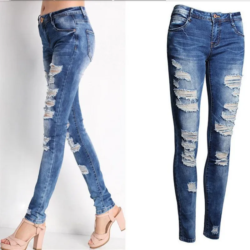 

New Ladies Jeans Slim Pencil Pants Womens Vintage Blue Casual Jeans Pencil Feet with Elastic Cotton Holes Pants джинсы женские