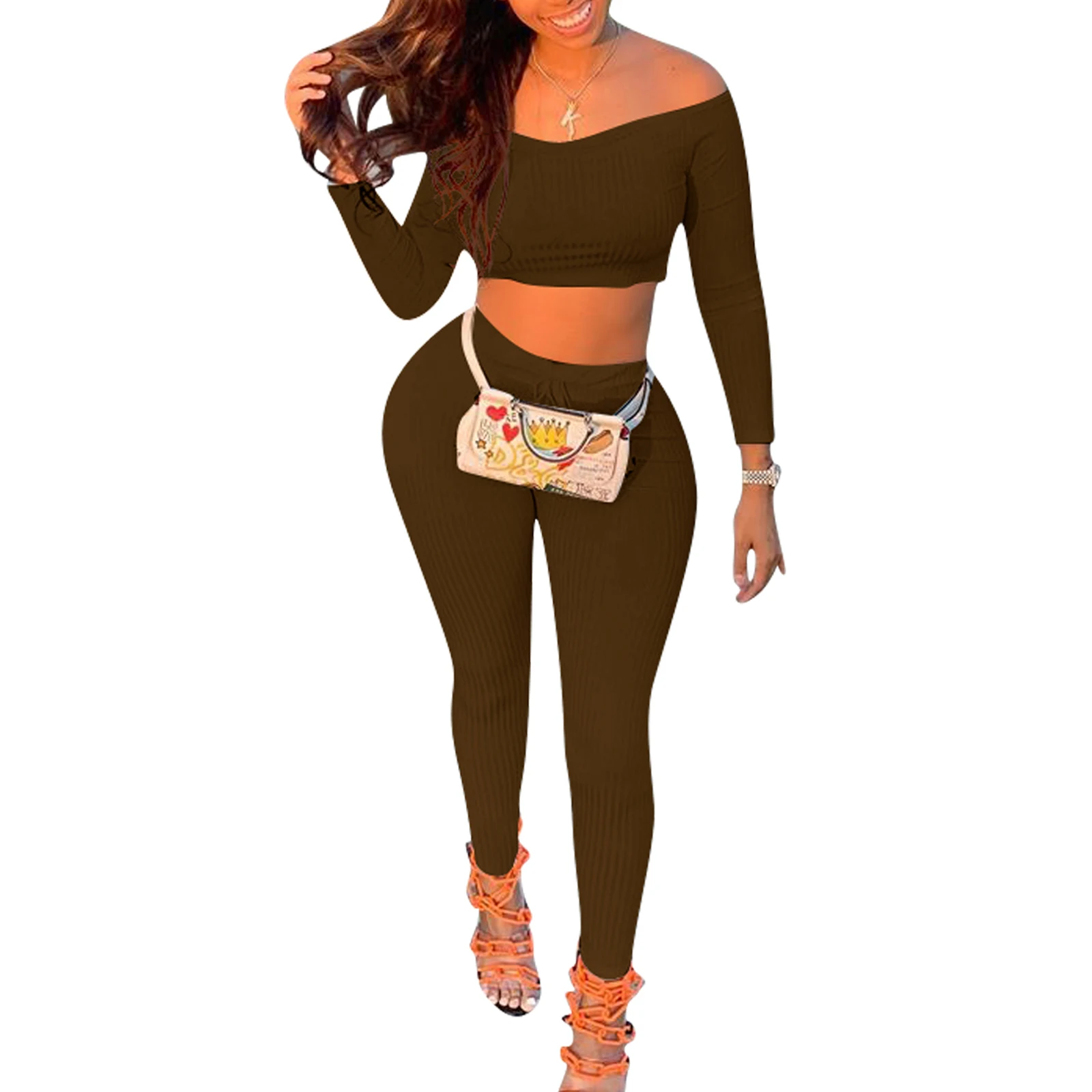 

2021 Fashion Sexy Sporty Set Ribbed Knit Tracksuit Fall Winter Clothes Women Off Shoulder Crop Tops Long Pant Sportswear