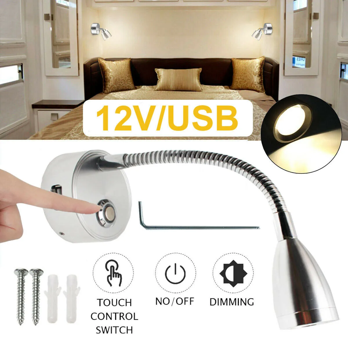 

Caravan LED Interior Lamp Reading Light Spot Touch Switch USB Accessories