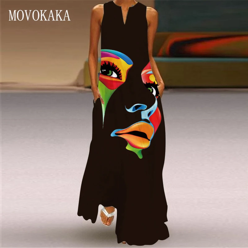 MOVOKAKA черное платье с принтом человеческого лица 2021 Элегантные повседневные