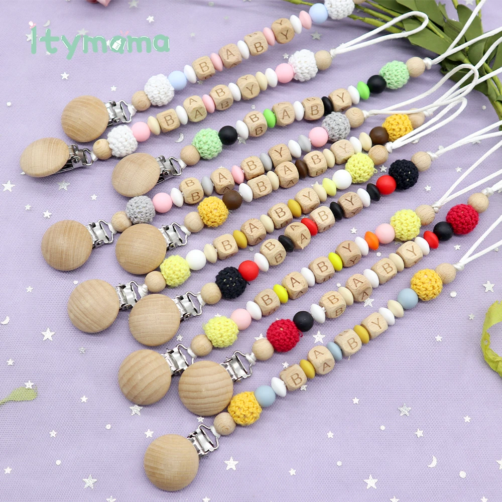 

4pc Baby Teether Set Rattle Bracelet Wooden Ring Pacifier Chain Dummy Clip Personalised DIY Crochet Teethering Set birthday Gift