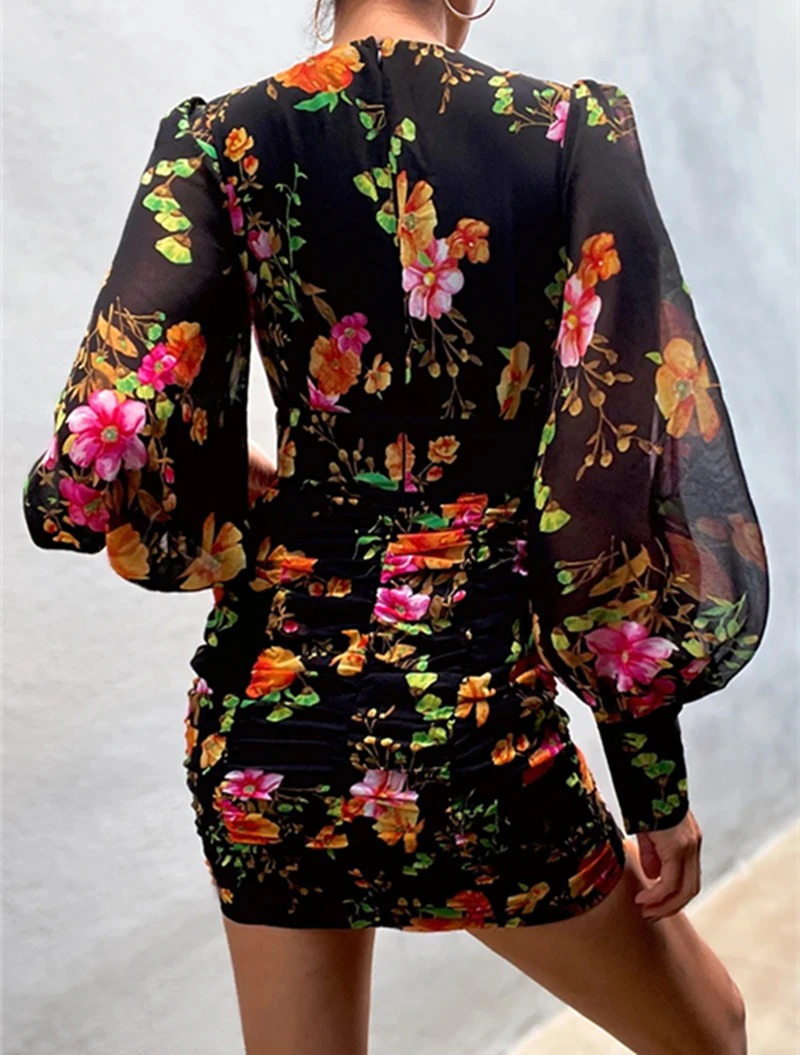 

Women Fashion Party Floral Printing Mini Dress High Waist V Neck Lantern Long Sleeve Bodycon Dresses Beach Vacation Summer