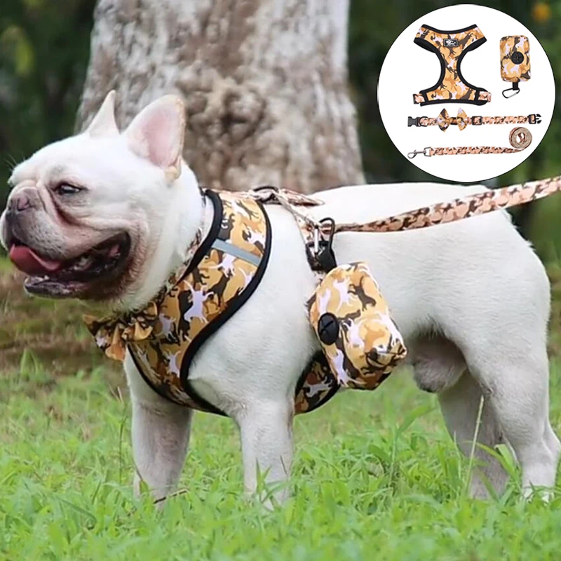 

Camouflage French Bulldog Pet Harnesses Collar Leash Set Reflective Dog Harness Vest for Small Medium Dogs Puppy Poop Bag Lead