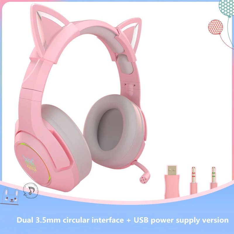 

New product K9 pink cat ear cute girl gaming headset with mic ENC noise reduction HiFi 7.1 channel RGB wired headphone