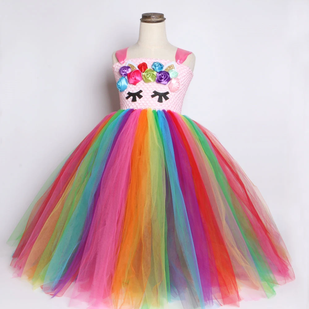 Bright Rainbow Unicorn Tutu Dress Princess Flower Girl Birthday Party Dresses Kids Girls Halloween Costume Clothes 1-14Y | Детская