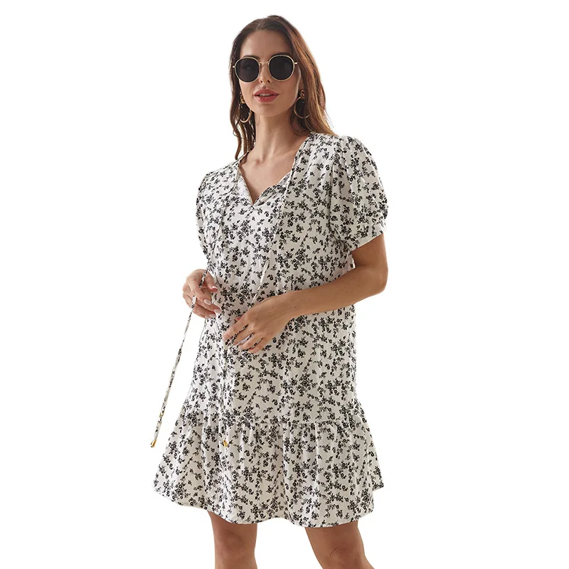 

2021 New Casual Loose Chiffon Floral Dress Round Neck with Bandage Short Puff Sleeve Dress Female Summer