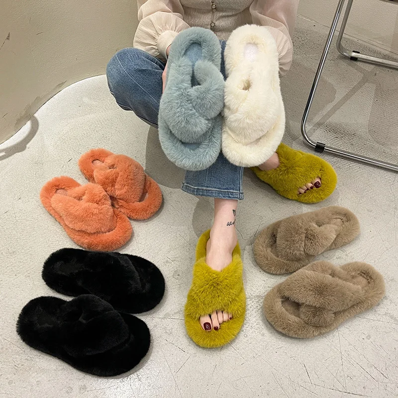 

Winter Women Furry Slippers Soft Plush Cross Faux Fur Shoes Indoor Ladies Platform Sandalias Open Toe Fluffy House Slides 35-40