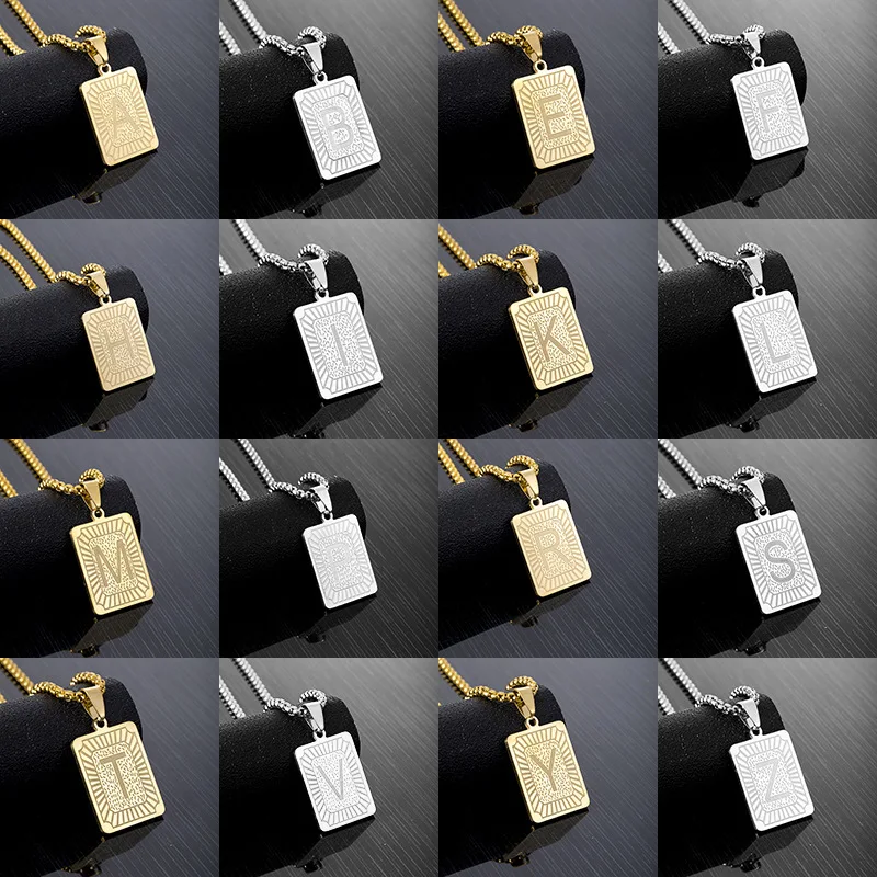 

26 Letter Square Pendant Necklace Gold Stainless Steel Hip Hop Punk Men&Women Necklace Couple Gift Jewelry