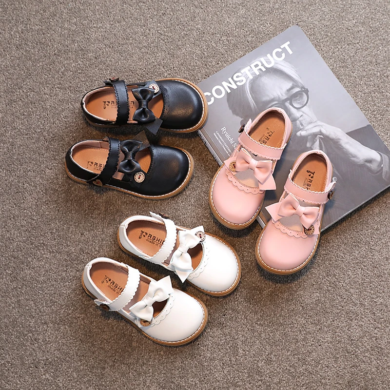 

Fashion Kids Bow Casual Shoes Girls Princess Shoes Toddler Mary Janes Shoes Baby Girls Retro Leather Shoes Size 21-30 Pink Flats