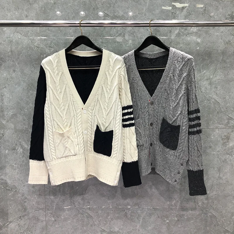 

THOM TB Sweater Winter Fashion Brand Clothing Medium Fun-Mix Wool Mohair Tweed Aran Cable Classic 4-Bar V-Neck Cardigan Coats